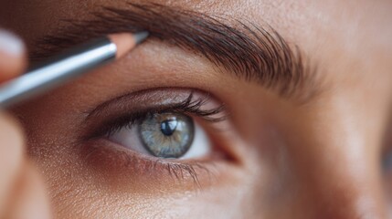 Woman applies brow pencil to shape her eyebrows during a beauty routine in a well-lit space, focusing on her eye