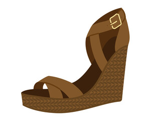 Brown cork wedge sandal shoe women flat. Cross strap wedge sandal for warm season outfit chic wardrobe. Technical fashion illustration CAD mockup smooth vector man unisex isolated trendy style.
