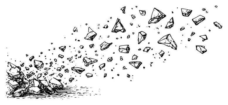 Dynamic rock explosion with flying stones and debris sketch