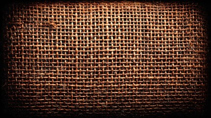 Close up of rough brown burlap fabric texture with a dark moody background