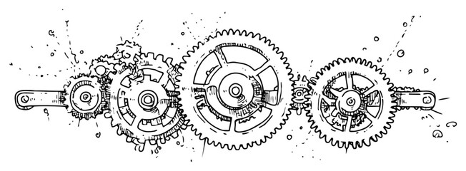 Horizontal arrangement of interlocking mechanical gears and cogs sketch © Kaz