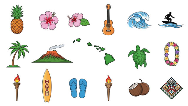 Hawaiian Culture and Tropical Symbols Vector Icons