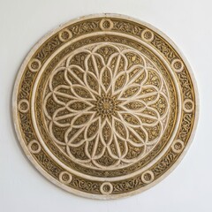 Obraz premium Exquisite circular decorative medallion featuring intricate arabesque patterns and a central starburst motif in elegant gold and cream tones, showcasing timeless artistry and rich cultural heritage