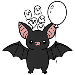 Naklejka premium Bat's Halloween Party: A cute cartoon bat with a balloon surrounded by hovering friendly ghosts, creating a playful and festive scene of Halloween fun.