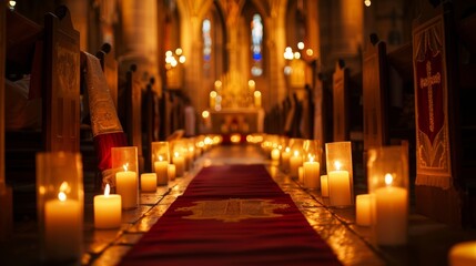 The church banners flanked by a row of candles creating a truly majestic and aweinspiring sight during a religious ceremony.