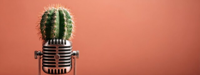 Cactus sits on top of a microphone in front of a flat background in a creative art setup showing blend of nature and music