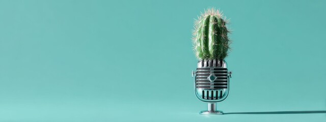 Cactus placed on a vintage microphone against a bright turquoise background