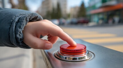Child presses crosswalk button to signal for pedestrian crossing in city during daytime near busy street and buildings