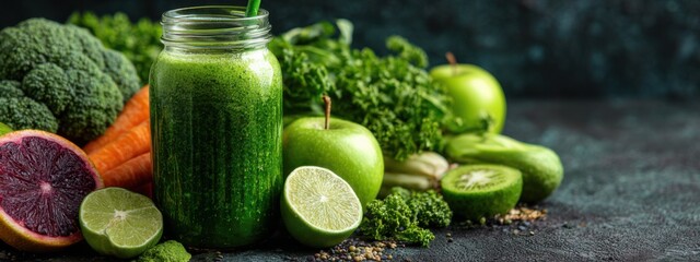 Green smoothie made with fresh fruits and vegetables on a dark background in a kitchen setting