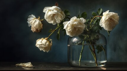 Roses in a glass vase on a wooden table with a dark background and a few petals scattered around