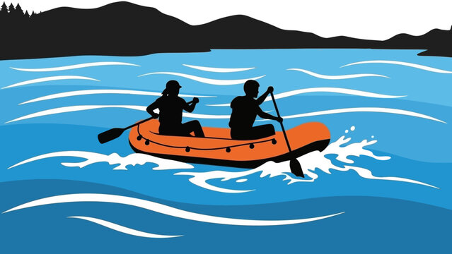 Two People Rafting on a River During Daytime - Vector Illustration