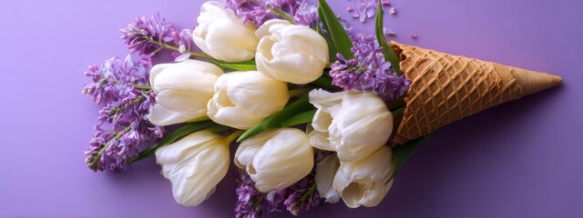 Creative display of white tulips and purple flowers in a cone on a purple background