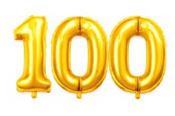 Golden foil balloon number 100 on transparent background celebrating a century or a milestone anniversary