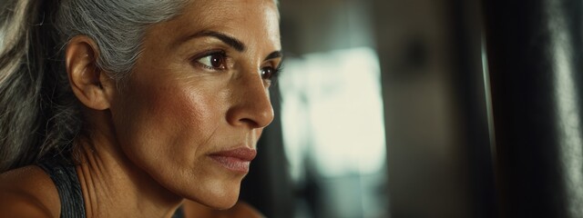 Focused woman during workout session in gym at afternoon light