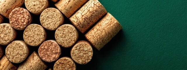 Cork stoppers arranged on a green surface showing different textures and colors with focus on wine bottle closure materials