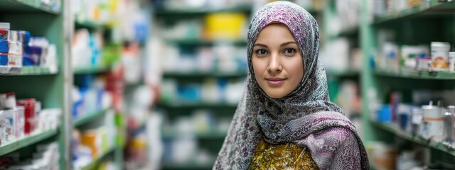 Woman wearing hijab stands in pharmacy surrounded by shelves of medicine and health products