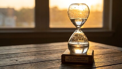 A captivating glass hourglass filled with shimmering water, illuminated by the warm glow of a golden sunset through a window, symbolizing the tranquil flow of time and contemplation
