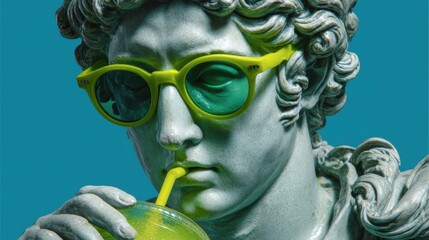 Modern statue drinks beverage with bright sunglasses against a turquoise background