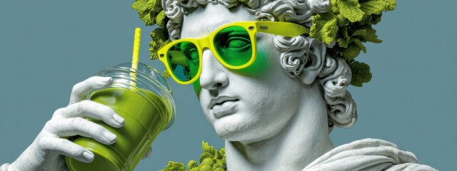Statue with green sunglasses holding a drink in a modern style setting during the daytime