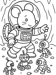 Cosmic Mouse Crew: An adventurous mouse astronaut, surrounded by its robot companions, ventures into the unknown reaches of space. A fun and imaginative illustration.