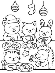 Christmas Delights: Charming animal friends gathering at a table, enjoying the festivities of the holiday season, complete with festive ornaments and baked treats.