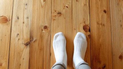 Two feet wearing white socks stand on a wooden floor inside a room