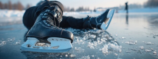 Ice skater falls on frozen lake during winter in outdoor activity with friends
