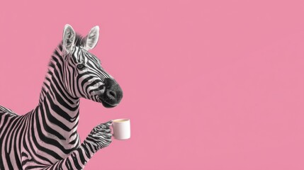Zebra holds a white cup in front of a pink background while standing still and looking at the viewer