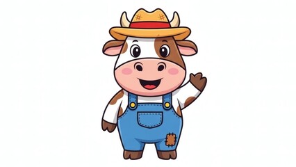 Cute Cow Cartoon Farmer Wearing Straw Hat and Overalls Waving