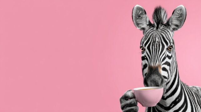 Zebra holding a cup in front of a pink background during a fun and creative moment