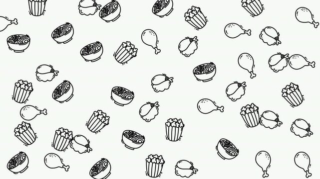 Seamless black and white doodle pattern featuring various food items like ramen bowls, popcorn, sushi, and chicken drumsticks scattered across a clean background, perfect for culinary-themed designs.