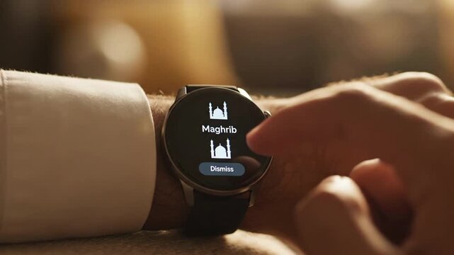 Close-up of a hand tapping a modern smartwatch displaying a warm maghrib adhan alert inside a prison.