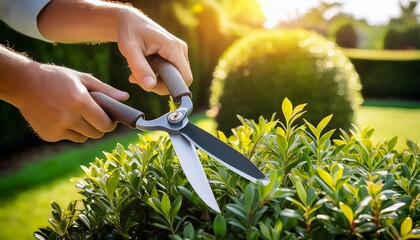 a close up of a hand with pruning shears trimming overgrown bushes in a garden illustrating careful maintenance