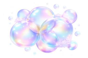 Iridescent soap bubbles floating, reflecting rainbow light, transparent realistic spheres, cleansing foam burst