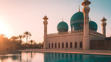 Beautiful mosque with blue domes and minarets surrounded by palm trees and water reflection at sunset page