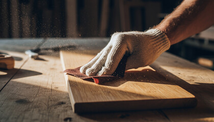Craftsman sanding a wooden plank with sandpaper, sunlight illuminating wood dust particles in a workshop