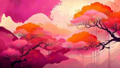 create a unique abstract background it s an artistic design with pink asian inspired decor there are orange watercolor splashes and rough messy texture like magenta paintings