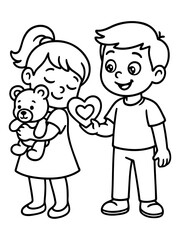 Fototapeta premium Childhood Sweethearts: A tender scene unfolds as a young boy presents a heart-shaped gift to a girl, who cradles a teddy bear, illustrating innocence and affection. 