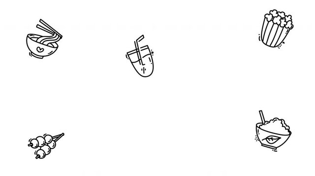 A collection of cute, hand-drawn outline doodle icons featuring popular foods and snacks, including ramen, boba tea or juice, popcorn, dango on a stick, and a bowl of rice or cereal with a leaf graphi