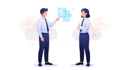 Two Professionals Discussing Data on Floating Screens in Modern Office