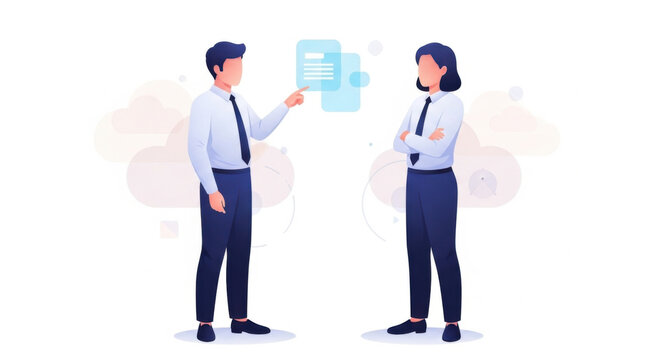 Two Professionals Discussing Data on Floating Screens in Modern Office - Powered by Adobe