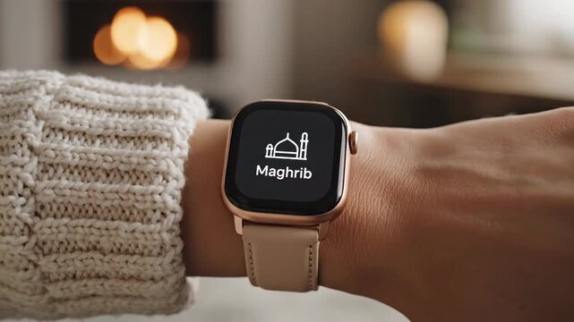 The close-up, warm smartwatch displays the maghrib adhan notification, connecting faith despite the modern prison.