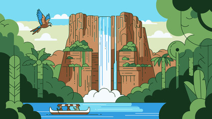 Tropical Waterfall Landscape with Parrot and Canoe © Azrha