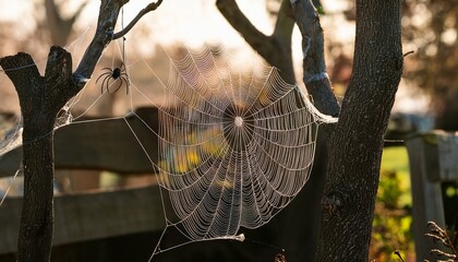 a close up of spooky spiderwebs real or fake intricately draped over tree branches or fences adorned with plastic spiders