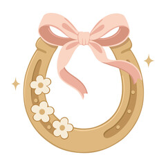 Horseshoe with delicate pastel pink ribbon embellished with tiny white flowers and subtle sparkle accents. Coquette style. Vector isolated illustration