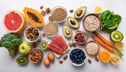healthy and varied food arranged on a white background seen from above