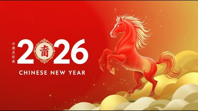 Rearing Red Horse Animated Graphic with Golden Clouds Celebrating Chinese New Year 2026 Festive Illustration