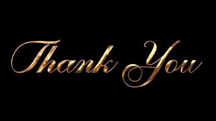 Thank you in elegant gold cursive on black background. Perfect for expressing gratitude with a touch of sophistication in designs.