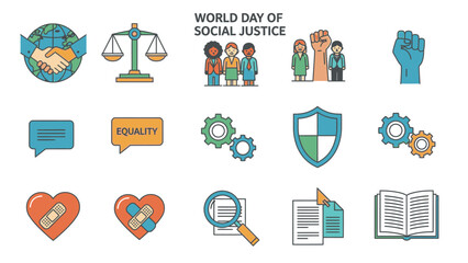 World Day of Social Justice Icons: Equality, Justice, Human Rights, Peace