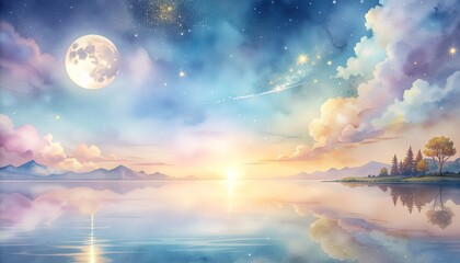 やさしい月明かりと朝焼けの水辺：Soft moonlight and dawn waterscape
